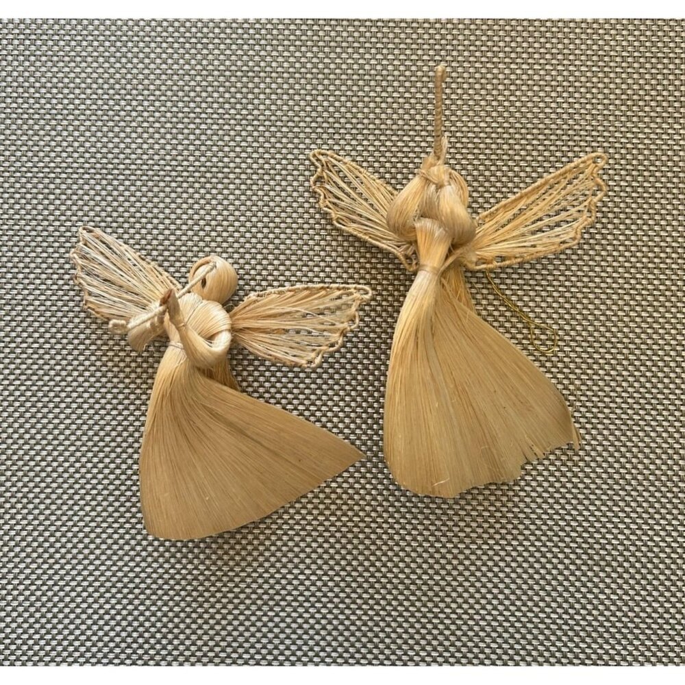 Vintage Corn Husk Angels Horn Christmas Ornaments Set of 2